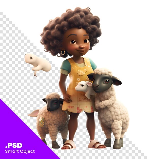 Pequeña niña afroamericana con ovejas sobre un fondo blanco plantilla de renderización psd en 3d