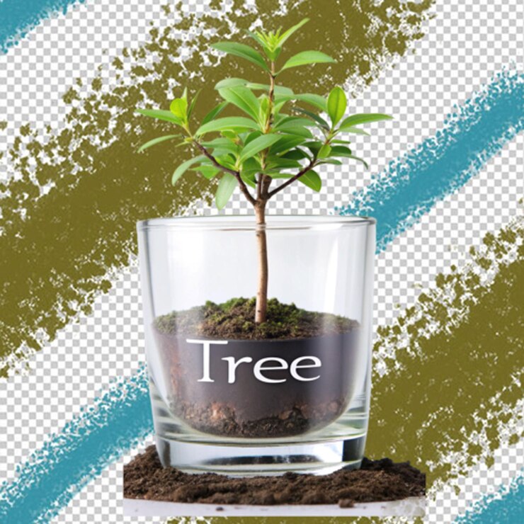 PSD una pequeña planta está en un vaso y la palabra árbol en un fondo transparente