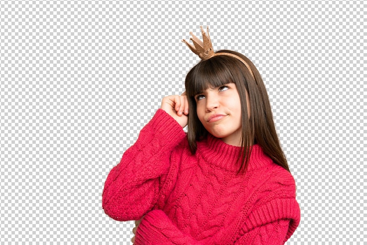 PSD pequena princesa com coroa sobre fundo de chave de croma isolado com expressão triste