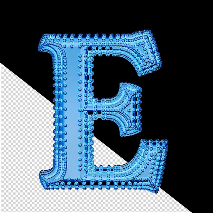 PSD pequeñas esferas 3d en el símbolo de hielo azul letra e