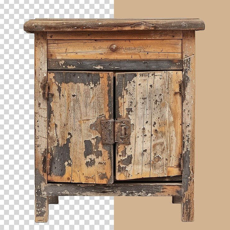 PSD pequeño armario de madera dañado png aislado sobre un fondo transparente