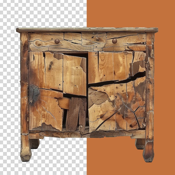 PSD pequeño armario de madera dañado png aislado sobre un fondo transparente