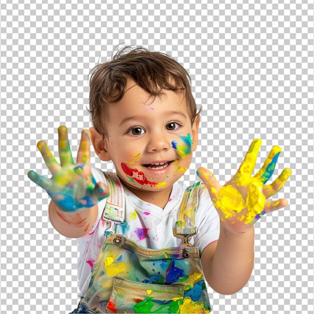 PSD un pequeño artista infantil mostrando pintura en sus manos después de pintar sobre un fondo blanco