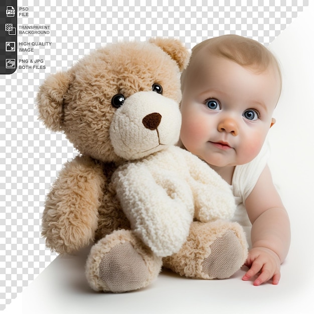 PSD pequeño bebé sosteniendo un oso de peluche en un fondo aislado transparente