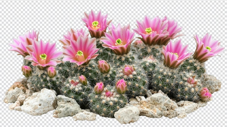 PSD un pequeño cactus con flores rosadas vibrantes perfecto para la decoración del hogar o proyectos de jardinería que simbolizan la resiliencia y la belleza en la naturaleza