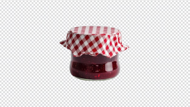 Un pequeño frasco de mermelada de fresa capturado con una tela a cuadros perfecto para blogs de comida y sitios web de recetas