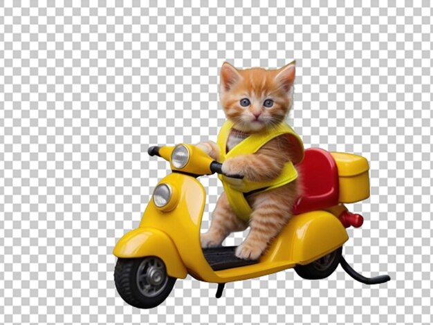 PSD un pequeño gatito rojo montando una motocicleta amarilla