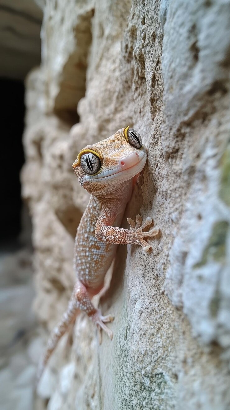 PSD un pequeño geco con un cuerpo estampado y grandes ojos expresivos se aferra a una pared beige áspera