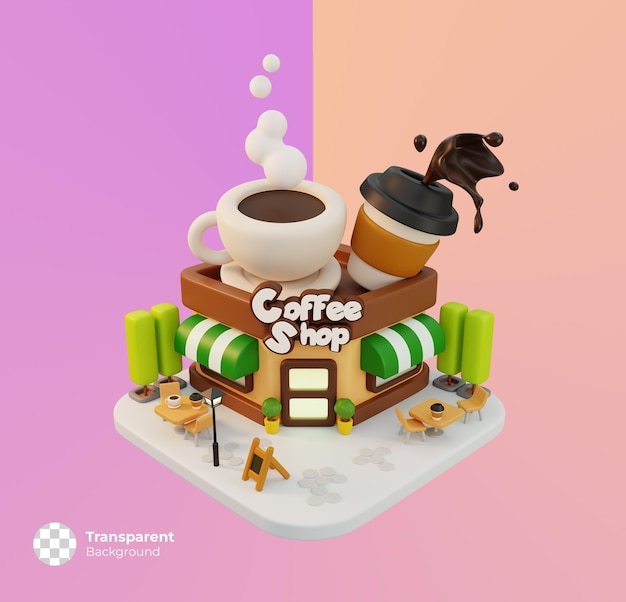 Pequeño icono de la tienda de café aislado. concepto mínimo de construcción de tiendas lindas. ilustración de procesamiento 3d