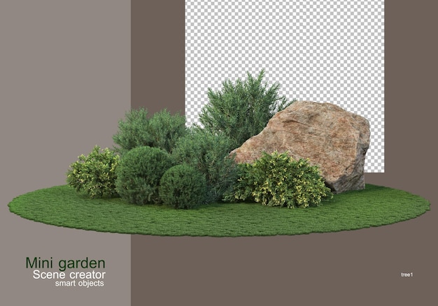 Pequeno jardim com arbustos decorativos e pedras