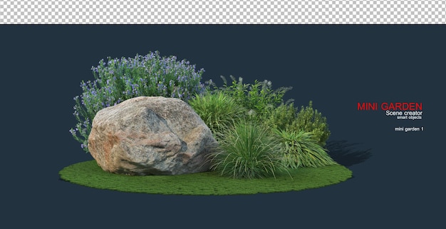 Un pequeño jardín decorado con varias piedras y pastos.