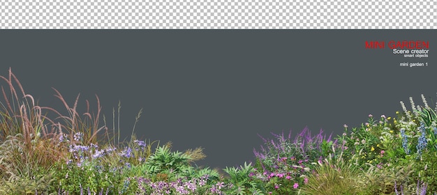 Un pequeño jardín está decorado con flores y arbustos.