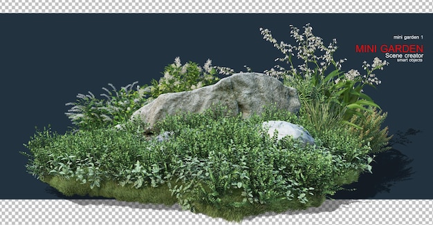 El pequeño jardín está decorado con piedras y muchas plantas.