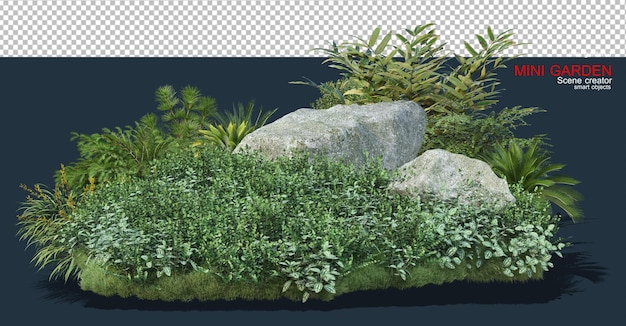 El pequeño jardín está decorado con piedras y muchas plantas.