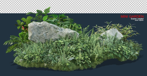 El pequeño jardín está decorado con piedras y muchas plantas.