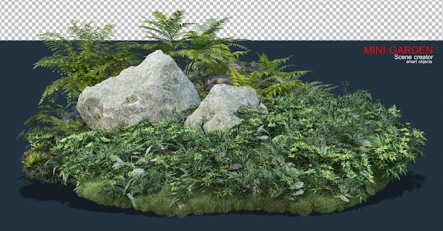 El pequeño jardín está decorado con piedras y muchas plantas.
