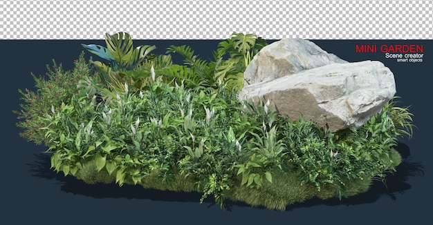 El pequeño jardín está decorado con piedras y muchas plantas.