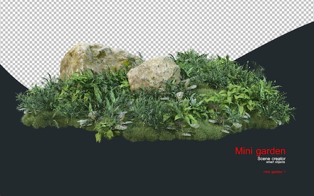 El pequeño jardín está decorado con plantas tropicales y piedras.