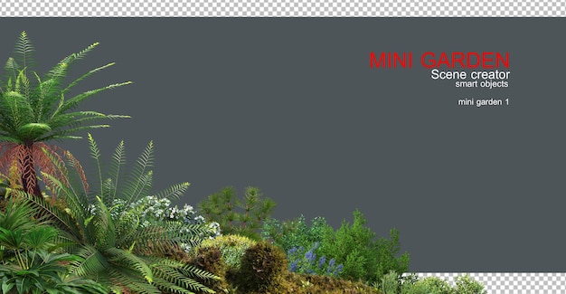 Un pequeño jardín con muchos tipos de árboles y flores