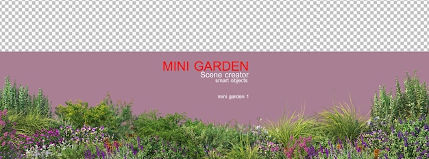 Un pequeño jardín con muchos tipos de flores y plantas.