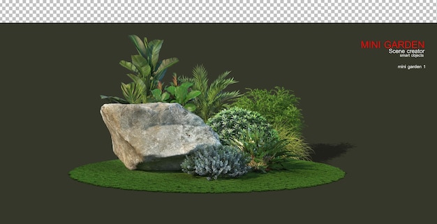 PSD pequeño jardín con piedras y plantas decorativas