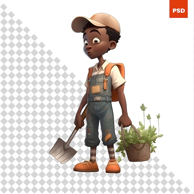 PSD pequeño jardinero afroamericano de dibujos animados con pala y planta