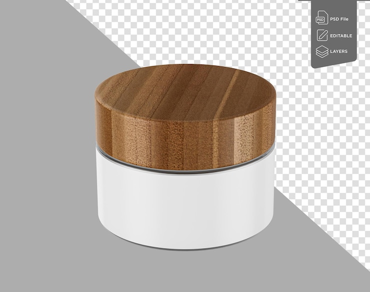PSD pequeño recipiente redondo con una tapa de madera y una base blanca adecuado para cosméticos o pequeño almacenamiento 3d