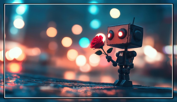 PSD un pequeño robot sosteniendo una rosa roja con las luces borrosas de la ciudad hacia atrás
