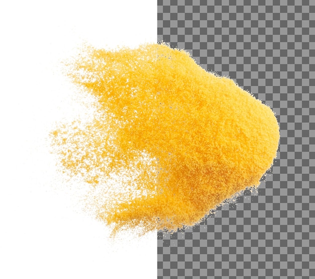 Pequeño tamaño amarillo arena volando explosión oro queso arenas de grano onda explotan nube abstracta volar salpicaduras de arena de color amarillo arrojando en el aire fondo blanco arrojando obturador de alta velocidad aislado