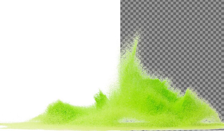 PSD pequeño tamaño verde arena volando explosión arenas vegetales ondas de grano explotan mosca de nube abstracta salpicaduras de arena de color verde lanzando en aire fondo blanco obturador de alta velocidad aislado lanzando congelación
