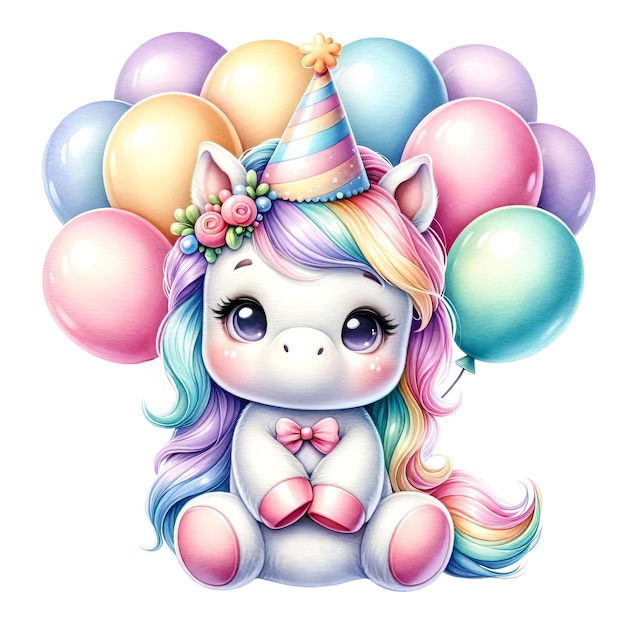 PSD pequeño unicornio feliz con sombrero de fiesta y globos coloridos ilustración de acuarela cuento de hadas unicornio mágico con una melena de arco iris