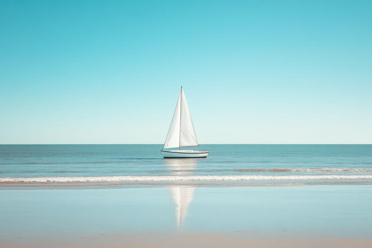 PSD pequeño velero en el océano tranquilo reflejando en el agua tranquila bajo un cielo azul claro
