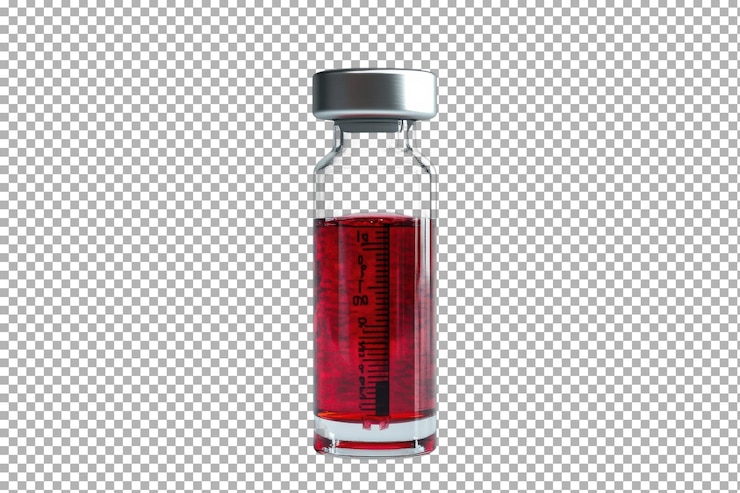 PSD un pequeño vial de vidrio lleno de líquido rojo brillante que descansa sobre una superficie reflectante en un entorno de laboratorio durante el día