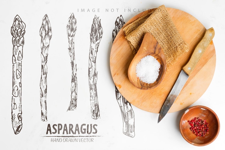 PSD pequeños cuencos de madera con sal natural y ají rojo en una tabla de cortar de madera y un cuchillo para preparar comida fresca casera en un espacio de copia de superficie de mármol gris claro vista superior