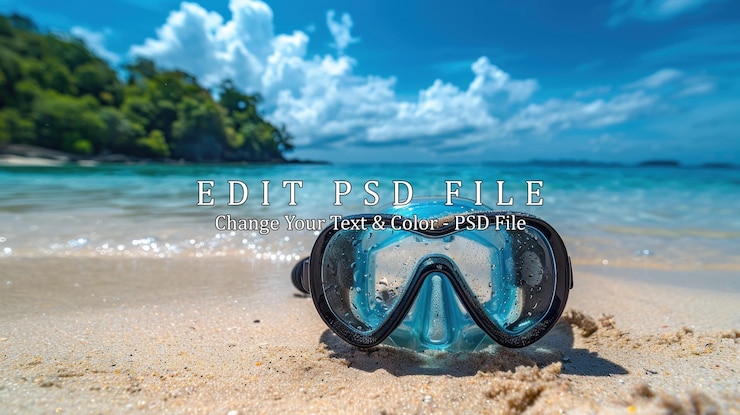 PSD peralatan snorkeling di pantai tropis
