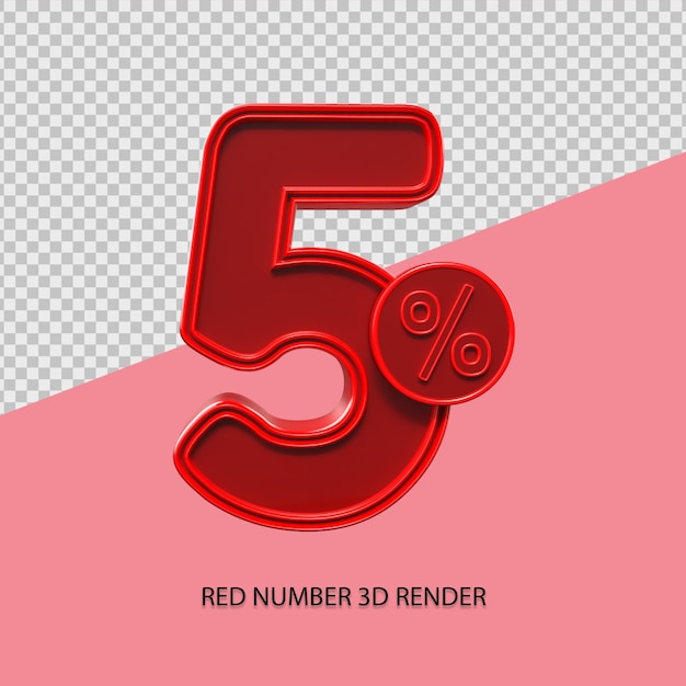 Percentuale 3D numero 5 colore rosso per elemento di vendita del venerdì nero, elemento di sconto