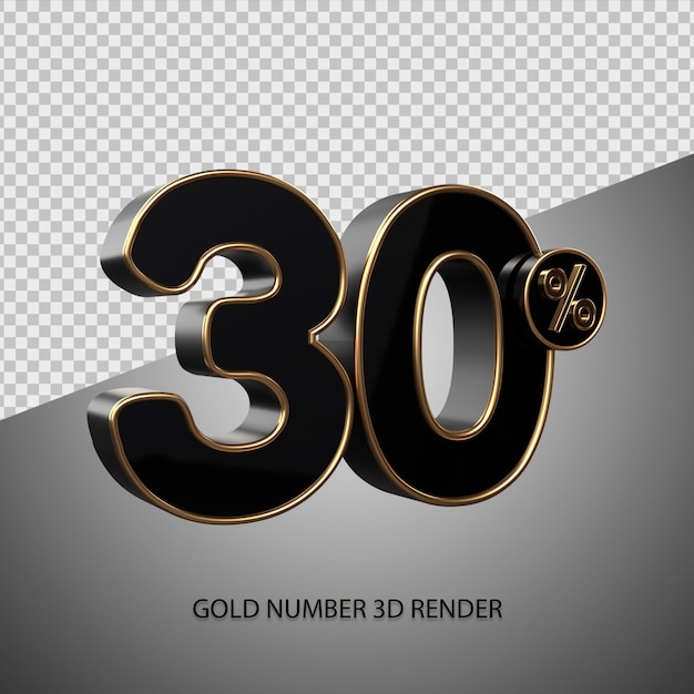 Percentuale di rendering 3D numero 30 colore nero e smusso oro per sconto vendita, venerdì nero, avanzamento