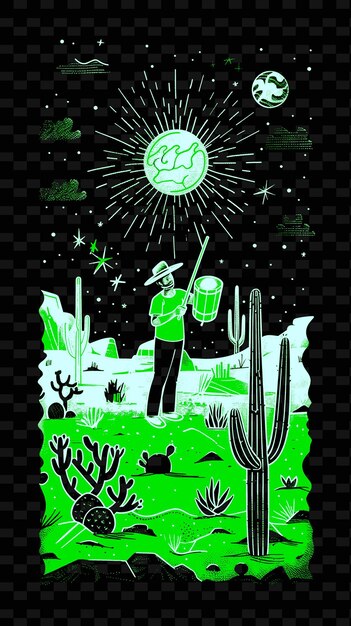 PSD percussionista en un paisaje desértico con cactus y ilustraciones de carteles musicales de tumblewee