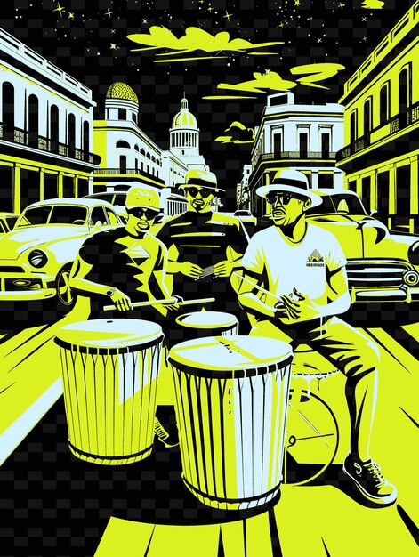 PSD percussionistas afrocubanos tocando en una calle de la habana con idea de cartel musical de ilustración de cl vector