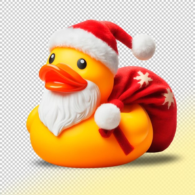 PSD père noël canard en caoutchouc jaune psd avec un sac de cadeaux sur fond transparent