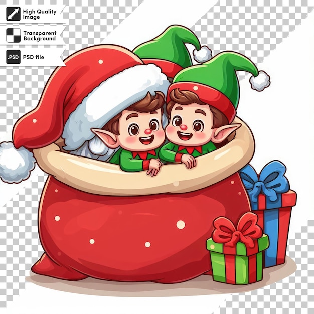 Père Noël Et L'elfe Avec Des Cadeaux De Noël Sur Fond Transparent