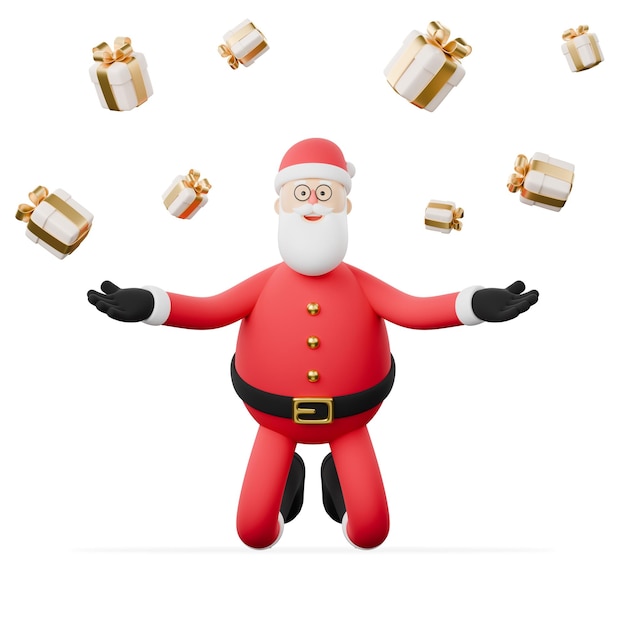 Un Père Noël saute en l'air avec un tas de boîtes.