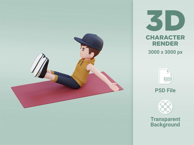 PSD perfect abs 3d sporty male character mastering frog crunch at the gym