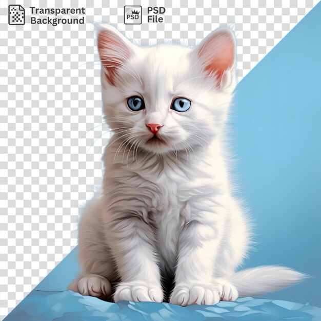 PSD perfecto de un gatito blanco con ojos azules y nariz rosada sentado sobre una superficie azul mostrando sus adorables características, incluyendo un largo bigote blanco, orejas rosadas y una pierna blanca.