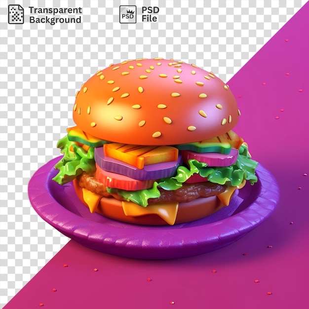 PSD perfecto de una hamburguesa con queso y lechuga en un plato morado