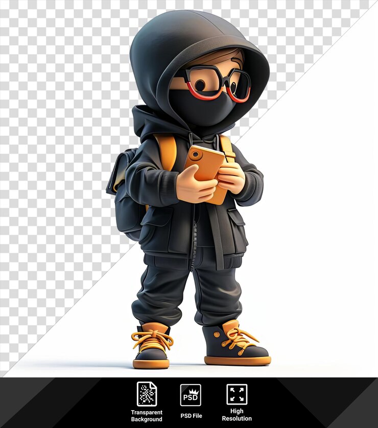 PSD del perfecto personaje de dibujos animados de hacker sosteniendo un teléfono inteligente en la mano