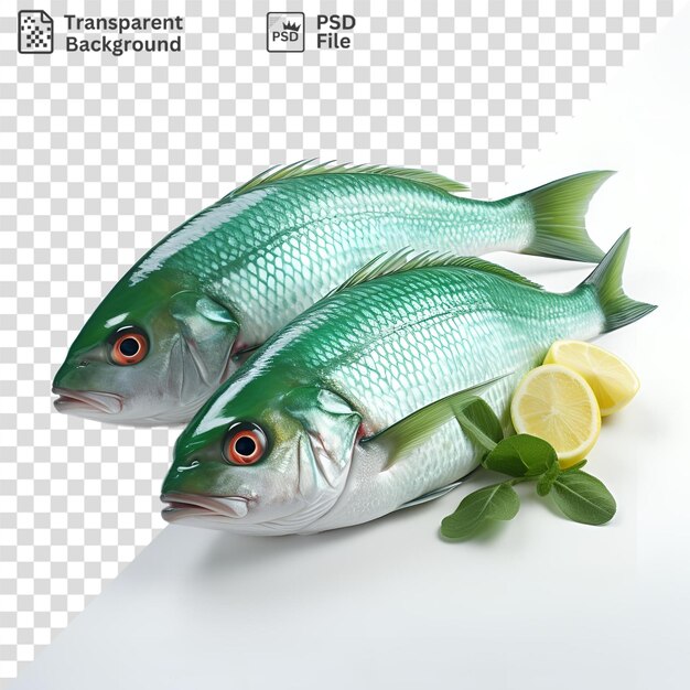 PSD perfecto de pescado fresco y limones sobre una mesa blanca con un llamativo ojo rojo en primer plano