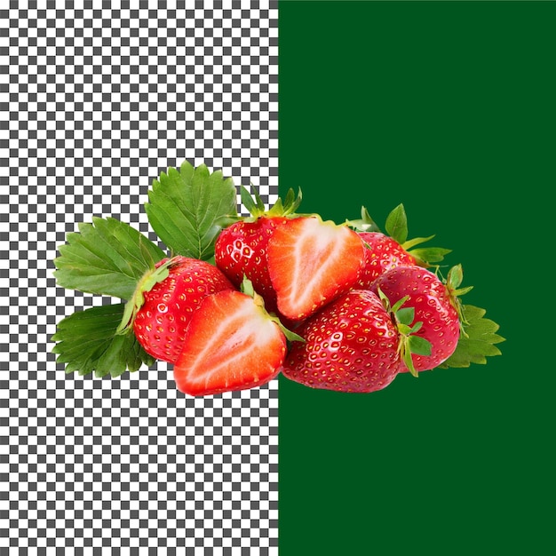 Perfekt reife Erdbeeren mit Blättern auf durchsichtigem Hintergrund png psd