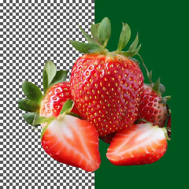 Perfekt reife Erdbeeren mit Blättern auf durchsichtigem Hintergrund png psd