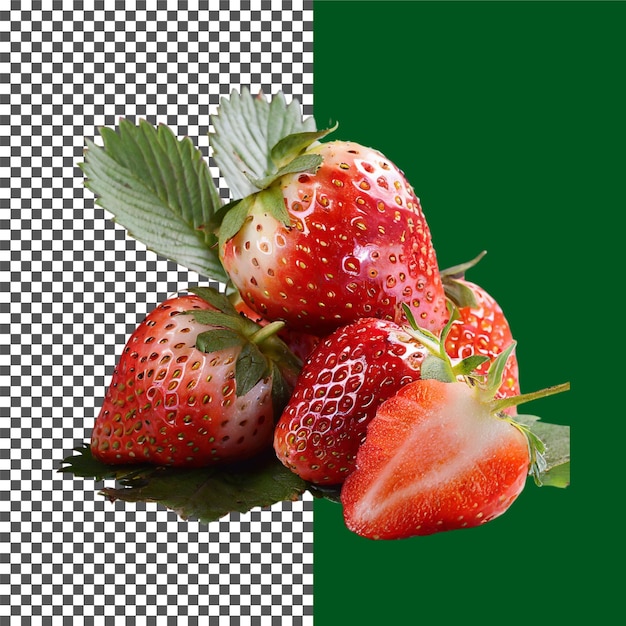 Perfekt reife Erdbeeren mit Blättern auf durchsichtigem Hintergrund png psd